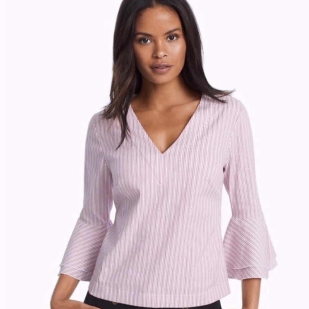 White House Black Market Carmen Striped Bell Sleeve Poplin Blouse Size 14